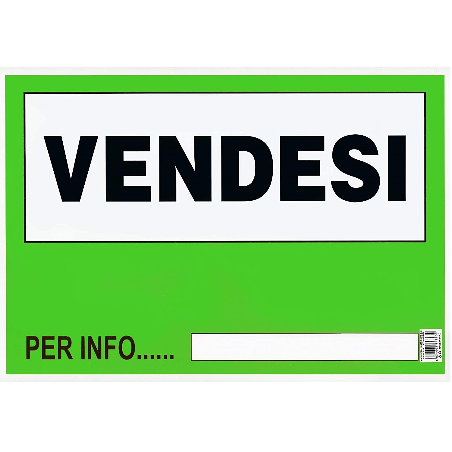 Cartello VENDESI in Cartoncino in Plastica Protettiva 35 x 24 cm per  Visibilità Distanza. Con Scritta per Info. Verde.