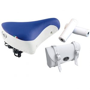 Tris Montegrappa(Bianco/Blu+Bianco): Sella Vintage MOD. 08/F + Borsello MOD 0016 + Manopole