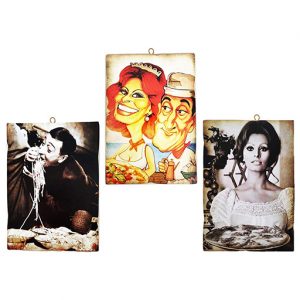 KUSTOM ART Composizione da 3 Quadretti Stile Vintage Attori Famosi Sofia Loren e Totò. Stampa su Legno 18x25 cm. Per Arredamento Ristorante Pizzeria Bar Hotel.