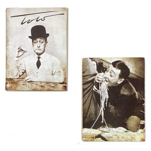 Kustom Art Set 2 Calamite (magnete) Serie Attori Famosi Totò "Pizza e Spaghetti" Stile Vintage per Frigorifero/Garage/Bar Stampa su Legno 10 x 6 cm.
