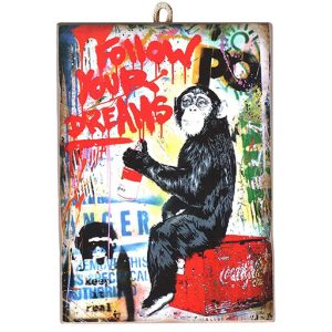 KUSTOM ART Quadretto Stile Vintage Bansky Scimmia Street Stampa Su Legno 18 x 25 cm.