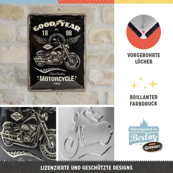 Nostalgic-Art Targa Vintage Goodyear – Motorcycle – Idea regalo per amanti di auto e moto, in metallo, Design retro per decorazione, 15 x 20 cm 26224 - immagine 4