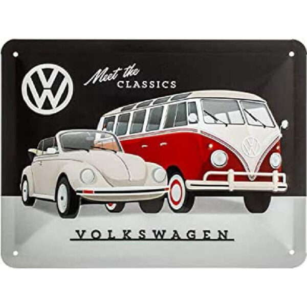 Nostalgic-Art Targa Vintage Volkswagen – VW – Meet The Classics – Idea regalo per i bus VW, in metallo, Design retro per decorazione, 15 x 20 cm 26246