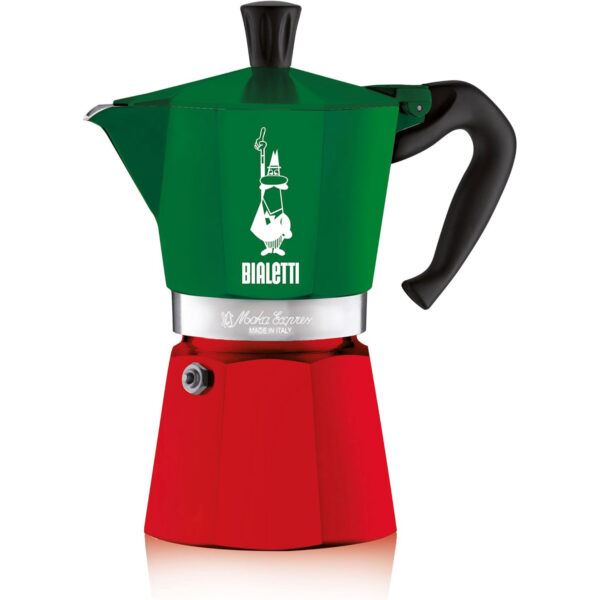 Bialetti Caffettiera Moka Express Tricolore, 6 Tazze, Manico anti scottatura, Non adatta a induzione, 6 Tazze (250 ml), Alluminio [Classe di efficienza energetica A]