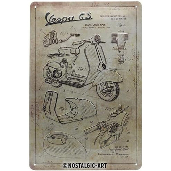 Nostalgic-Art Targa Vintage Vespa – Parts Sketches – Idea regalo per amanti degli scooter, in metallo, Design retro per decorazione, 20 x 30 cm  22312